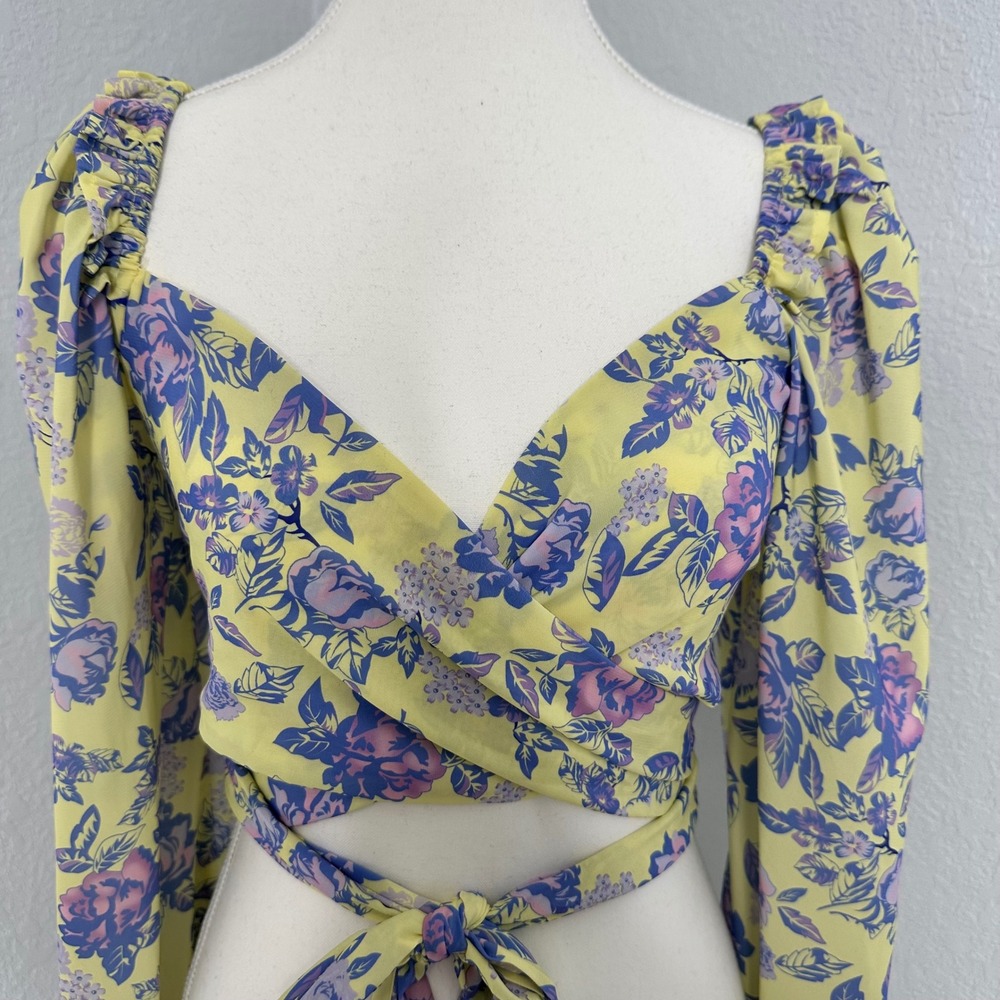 Luxxel Yellow and purple Floral tie wrap crop top with long sleeve‎ size S